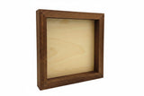 Back view of rustic dark brown solid wood box frame with natural wood interior, white background