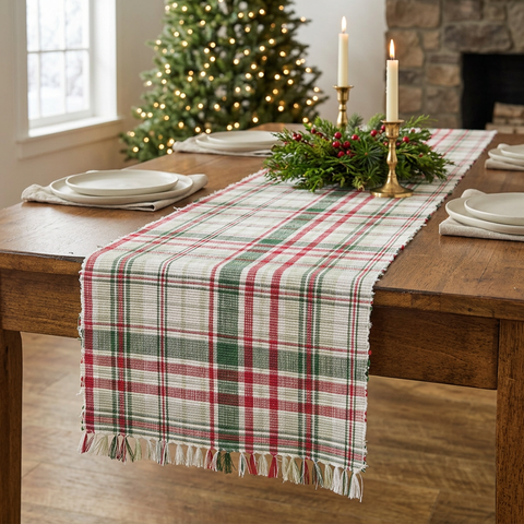 Berry Frost Chindi Table Runner in a farmhouse Christmas setting