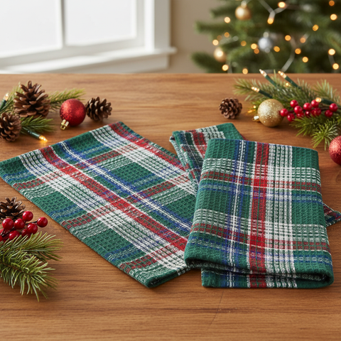 Hard Candy Plaid Waffle Dishtowels, set of 2, in a Christmas kitchen setting