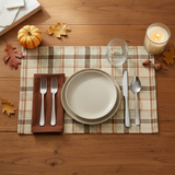 Square fall table setting with one Toffee and Elm plaid placemat