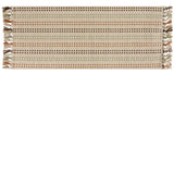 Toffee & Elm Yarn Basketweave Table Runner with fringe on the left and right edges, featuring a horizontal striped pattern in beige, brown, and muted orange on a white background.
